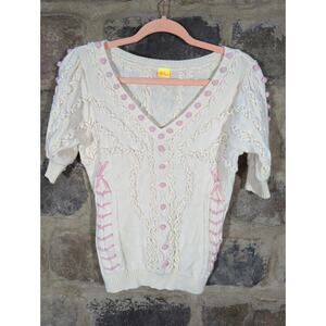Agua‎ Bendita Bendito Flor Sweater Woman's Small Cream Pink Puff Sleeve